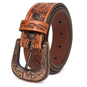 Ceinture en cuir véritable de style antique vintage, motif floral sculpté, boucle en alliage, longueur personnalisable, fabriquée en Inde - Product Image 3