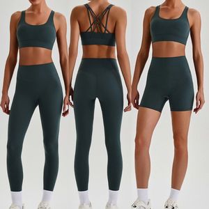 High Elastic Racerback Sports Bra Women Nude Feeling Tight Shorts Leggings Outdoor Running Gym Fitness Yoga Three Piece Set