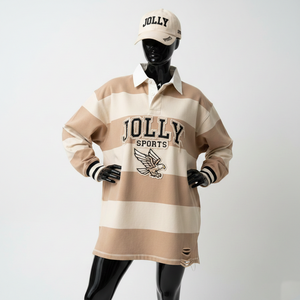 Camiseta de rugby para mujer, mezcla de algodón premium GSM, beige con paneles blancos a rayas, logotipo bordado personalizado, corte holgado, camisetas de rugby para mujer - Product Image 6