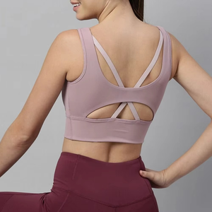 Sujetador Deportivo para Mujer, Sujetador Deportivo Acolchado para Yoga, Top Corto, Espalda Cruzada Color Malva, Combinación de Malla y Tela Sólida - Product Image 5