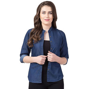 Femmes 100% coton biologique col montant Denim chemise Slim Fit longue été vêtements d'extérieur décontractés Shorts manches qualité pour vêtements de bureau - Product Image 5