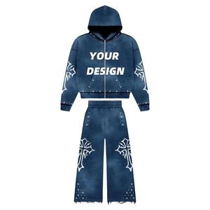 Ensemble sweat-shirt et pantalon de survêtement personnalisé, style streetwear, délavé à l'acide, fermeture éclair, Harajuku, délavé au soleil, broderie de strass, respirant, lourd - Product Image 3