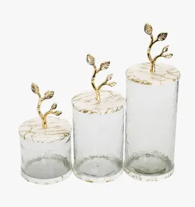 Kitchen Canisters Glass Gold Canister with White Gold Marble Lid and Leaf Handle Food Storage Jar Use Glass Clear Glass Home