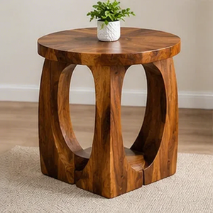 Solid Wood Round <b>End</b> <b>Table</b> with Sculptural Design for Living Room and Housewarming Decor-Tabletop Installation - Product Image 1