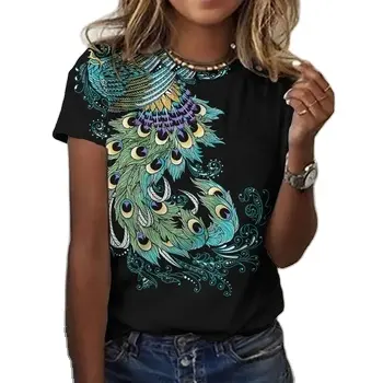 Summer Women's Tee Peacock Print Short Sleeve T shirt Women's Top Clothes For Women Casual Clothes