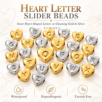 Perles coulissantes en forme de cœur |   Perles de charme en acier inoxydable plaqué or 14K PVD avec initiales alphabétiques en or et argent pour la fabrication de bijoux