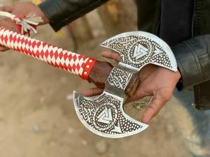 Steel Craft International Industrial Grade Damascus Steel Double Head <b>Axe</b> Head Ash <b>Wood</b> Handle 18-Inch Length Hunting Outdoor - Product Image 5