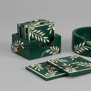 ชุดถาดรองแก้วฝังกระดูกสีเขียวเข้มและสีขาวทำด้วยมือพร้อมที่รองแก้วเครื่องดื่มลายดอกไม้ - Product Image 3