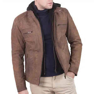 Veste de moto en cuir véritable de daim pour homme de qualité supérieure avec capuche en fourrure d'agneau à imprimé animal, respirante, pour l'hiver - Product Image 1