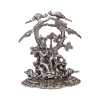 Radha Krishna assis à la main en métal plaqué argent, Statue Design sous l'arbre pour la décoration de la maison et les cadeaux