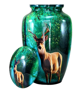 Urna Funeraria de Metal (Latón/Aluminio) con Diseño de Reno en Bosque Verde para Cenizas Humanas de Adultos - Product Image 2