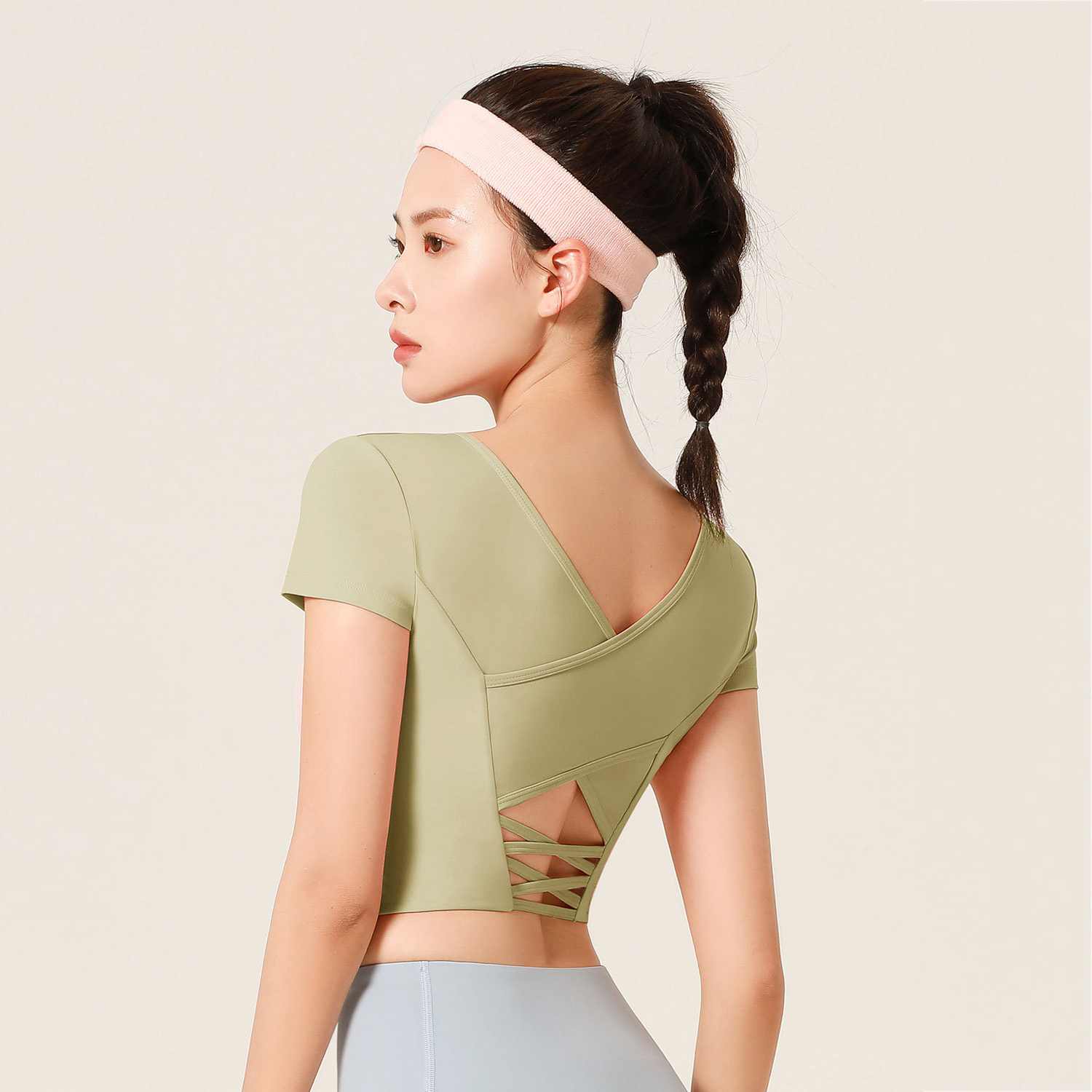Women Exercise Tight Tops Cross Back Fixed Chest Pad Fitness Shirts Yoga Sports Short Sleeve