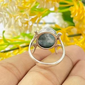 Handmade <b>Boho</b> Natural Larimar Gemstone Women's <b>Silver</b> Statement <b>Ring</b> Oval Cut Diamond Bezel Setting for Weddings - Product Image 4