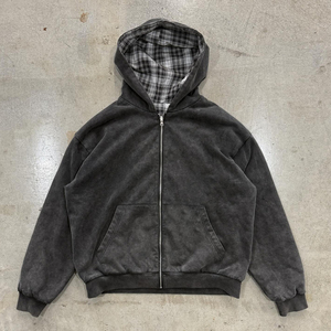 เสื้อฮู้ดดี้และเสื้อสเวตเชิ้ตผู้ชายแบบถัก 100% ผ้าฝ้าย ซิปเต็มตัว สไตล์สตรีทแวร์ ลายตาราง  น้ำหนัก 460GSM รุ่นใหม่ล่าสุด รับสกรีนโลโก้ตามแบบ - Product Image 2