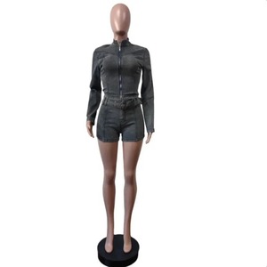 Ropa informal de calle para mujer, conjuntos de primavera para discoteca, chaquetas de manga larga con cuello redondo de mezclilla elástica, Tops cortos y pantalones cortos, conjunto de 2 piezas - Product Image 1