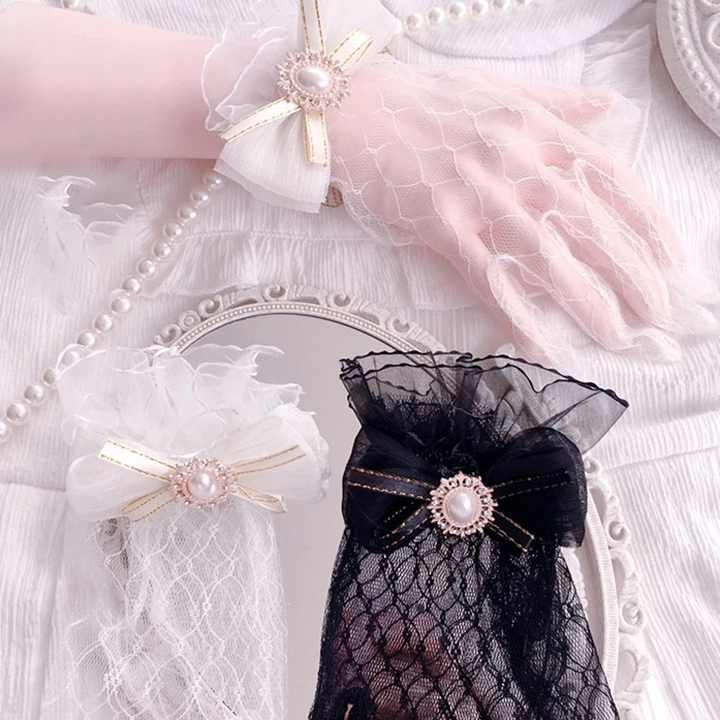Japanese Soft Girl Black White Lace Gloves Girl Gothic Lolita Mesh Bow Flower Lace Gloves Sweet Wristband Maid Cosplay Jewelry