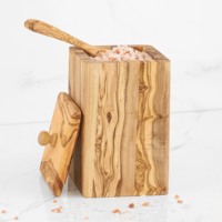 Boîtes à épices rondes rustiques ArtisRaw en bois d'olivier tunisien sculpté à la main avec couvercle relevable et cuillère – Rangement de cuisine en bois de qualité supérieure