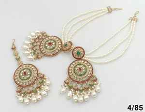 MOTIPEARL OVALSHAPE INDIEN PLAQUÉ OR BOUCLE D'OREILLE TRADITIONNELLE GOUTTE & PIERRE AVEC CHAINE MOTIPEARL & MANGTIKKA SET FEMME & FILLE - Product Image 5