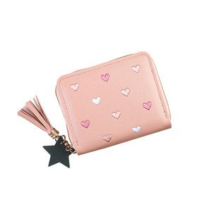 New Cute Heart Embroidered Short Zipper <b>Wallet</b> for Girls Fashion PU Leather <b>Small</b> Coin Purse with Keychain - Product Image 3