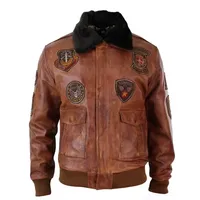 Blouson Bomber en Cuir pour Homme avec Broderie Personnalisée, Col en Fourrure Noire Amovible Style Vintage, Écologique et Coupe-Vent