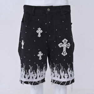 Pantalones Cortos Vaqueros Transpirables de Verano con Bordado, Lavados, Personalizados, Estilo Urbano para Hombre, Cintura Media, Corte Recto, 100% Algodón - Product Image 1