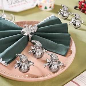 ชุดแหวนรองผ้าเช็ดปากรูปตุ๊กตาหิมะ ทำจากทองเหลืองแท้ ทนทาน ขนาด 4.5 ซม. ของตกแต่งโต๊ะหรูหรา สีเงิน ประดับมุกและคริสตัล เหมาะสำหรับร้านอาหาร คริสต์มาส - Product Image 1