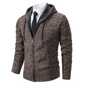 Sudadera con capucha de lana con cremallera a la moda para hombre, suéter de punto grueso informal de negocios a la moda, chaqueta forrada, diseño sólido - Product Image 2