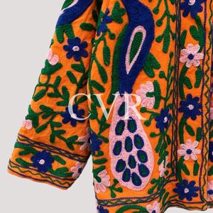 Hand Embroidered Floral Cotton Coat Mandarin Collar Three Quarter Sleeve Bohemian Plus Size Women's Casual Outerwear - Product Image 3