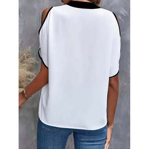 Women'<b>s</b> Short-Sleeved V-Neck Imported Crepe <b>Blouse</b>, 35340 - White - Product Image 3