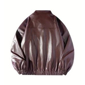 Wholesale PU <b>Leather</b> <b>Jackets</b> Custom Logo Dark Brown Elastic Hem Zipper Pockets Ribbed Cuffs <b>Faux</b> <b>Leather</b> <b>Jacket</b> - Product Image 2