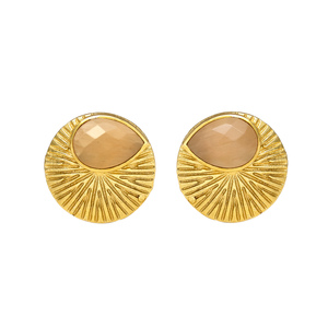 Nouvelle arrivée Boucles d'oreilles dorées Sunburst avec pierre précieuse calcédoine pêche - Product Image 1