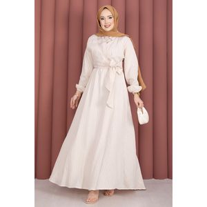 Vestido Hijab Beige a Rayas con Lazos Laterales, Estilo Modesto, Corte en A, Chifón, Talla Grande, Cintura Natural - Product Image 3