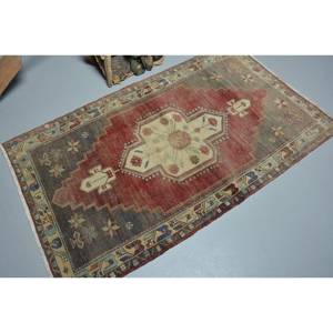 Alfombra turca vintage, diseño de retazos rojo y azul, área grande, material de lana de 3,2x5,7 pies con respaldo de látex para pasillo o dormitorio - Product Image 2