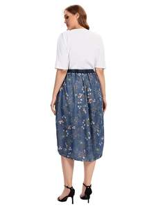 Jupe en jean décontractée grande taille pour femmes taille haute a-ligne longueur au genou bleu Vintage jupes évasées Patchwork en mousseline de soie pour l'été - Product Image 3