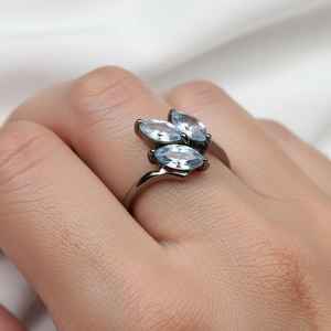 Blue Topaz Marquise Cut <b>Rhodium</b> Wedding <b>Ring</b> Designed for Elegant Statement Wear Sleek Stone Brilliance Timeless Classic Style - Product Image 2