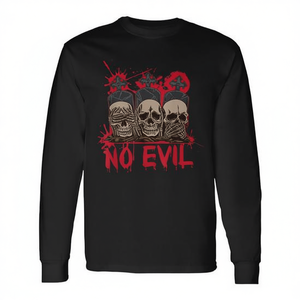 T-shirt à manches longues Halloween « Ne vois pas, ne dis pas, ne n'entends pas le mal » avec crânes et effets sanglants – Produit promotionnel - Product Image 2