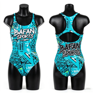 Maillot de bain une pièce premium 200 GSM en polyester et élasthanne, imprimé graffiti turquoise, logo personnalisé par sublimation, pour femme - Product Image 5