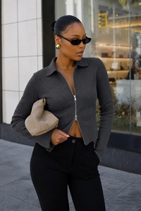 <b>Womens</b> Solid Rib Knit <b>Zip</b> <b>up</b> Blouse Stand Collar Long Sleeve Skinny Fit Cropped Shirt Casual Daily Wear Plain Dyed - Product Image 1