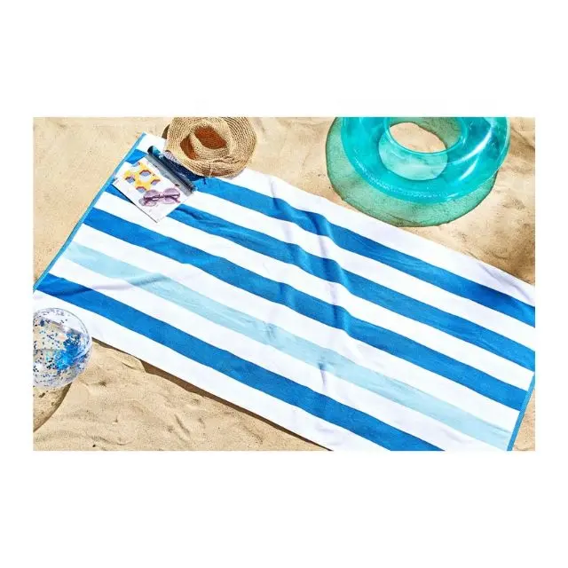 Blue & White Striped GOTS Customized Beach Swimming Soft Bath For Travel Summer Outdoor Organic Spun Cotton Woven Beach Towel