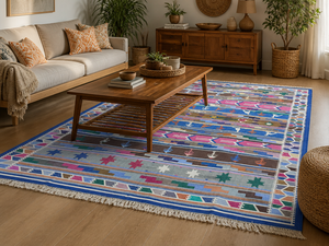 Indian Handmade Cotton Flat Weave Area <b>Rug</b> Bohemian Geometric <b>Tribal</b> Pattern Kilim Dhurrie Carpet with Fringe for Living Room - Product Image 5