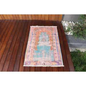 พรมตุรกีขนาด 2.2x3.37 ฟุต พรมวินเทจ พรมลายจุดสีน้ำเงินทำจากขนสัตว์ - Product Image 1