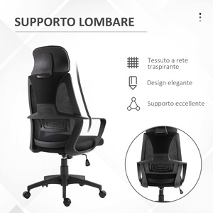 Silla de oficina reclinable Vinsetto con reposacabezas y soporte lumbar, poliéster, 64x55x116-126 cm, negro - Product Image 6