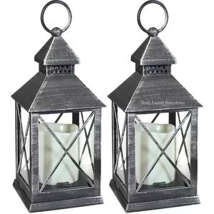 Juego de 2 faroles de velas de metal y vidrio recubiertos de negro para interiores y exteriores, farolillos colgantes de decoración navideña - Product Image 2
