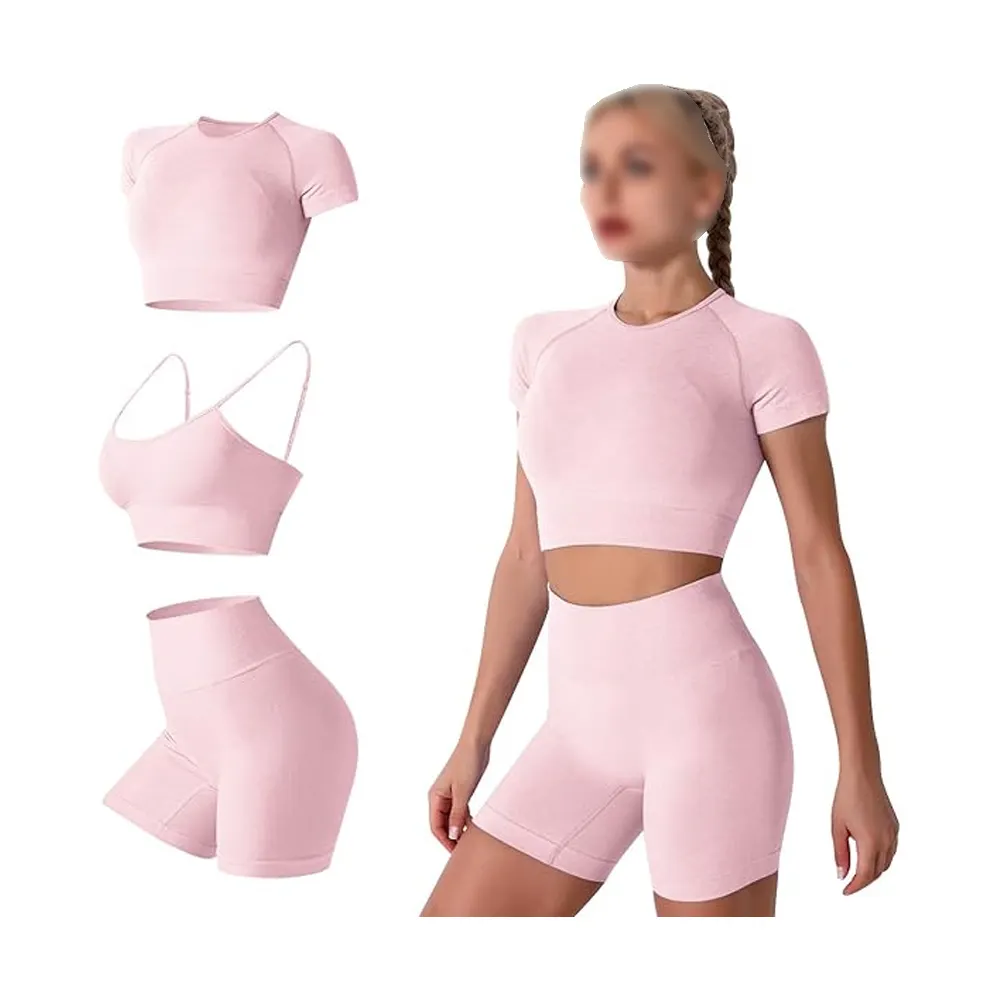 Roupa de ioga feminina - 3 peças de agasalho sem costura para academia em shorts de cintura alta, calças e sutiã esportivo - Perfeição rosa