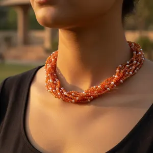Collar de cuentas de cornalina naranja con detalles de perlas, elegante regalo para ella - Product Image 2