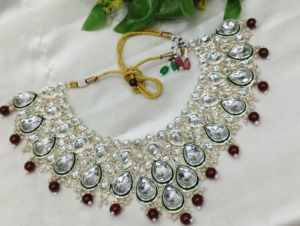 Trending Fancy Collection Rose Silver-Plated Kundan Bridal Choker <b>Necklace</b> <b>Set</b> with Green Enamel & <b>Pearl</b> Drop Jhumka Earrings - Product Image 2