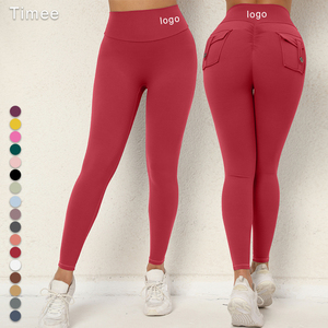 Femmes taille haute Cargo poche serrée Yoga Leggings sec course Fitness pantalon taille élastique solide bouton hanche Stretch Yoga pantalon - Product Image 1