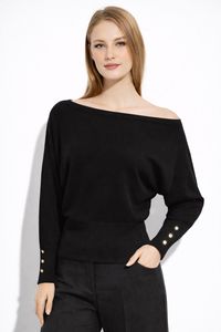 Elegante Suéter de Punto para Mujer con Cuello Barco y Manga Murciélago - Top Holgado con Cintura Acanalada y Puños con Botones Dorados - Product Image 3