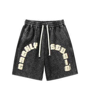 OEM Custom Heavyweight Sweatsuits Deux Pièces en Détresse Broderie Écusson Gym Shorts et Acid Lavage Strass Hoodie Ensembles pour Hommes - Product Image 6