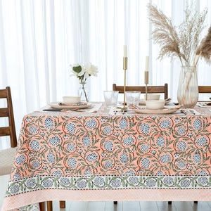Handmade Salmon Pink Pomegranate Pattern Floral Cotton Tablecover Block Printed <b>Rectangle</b> <b>Tablecloth</b> Indian Style for Home Decor - Product Image 5